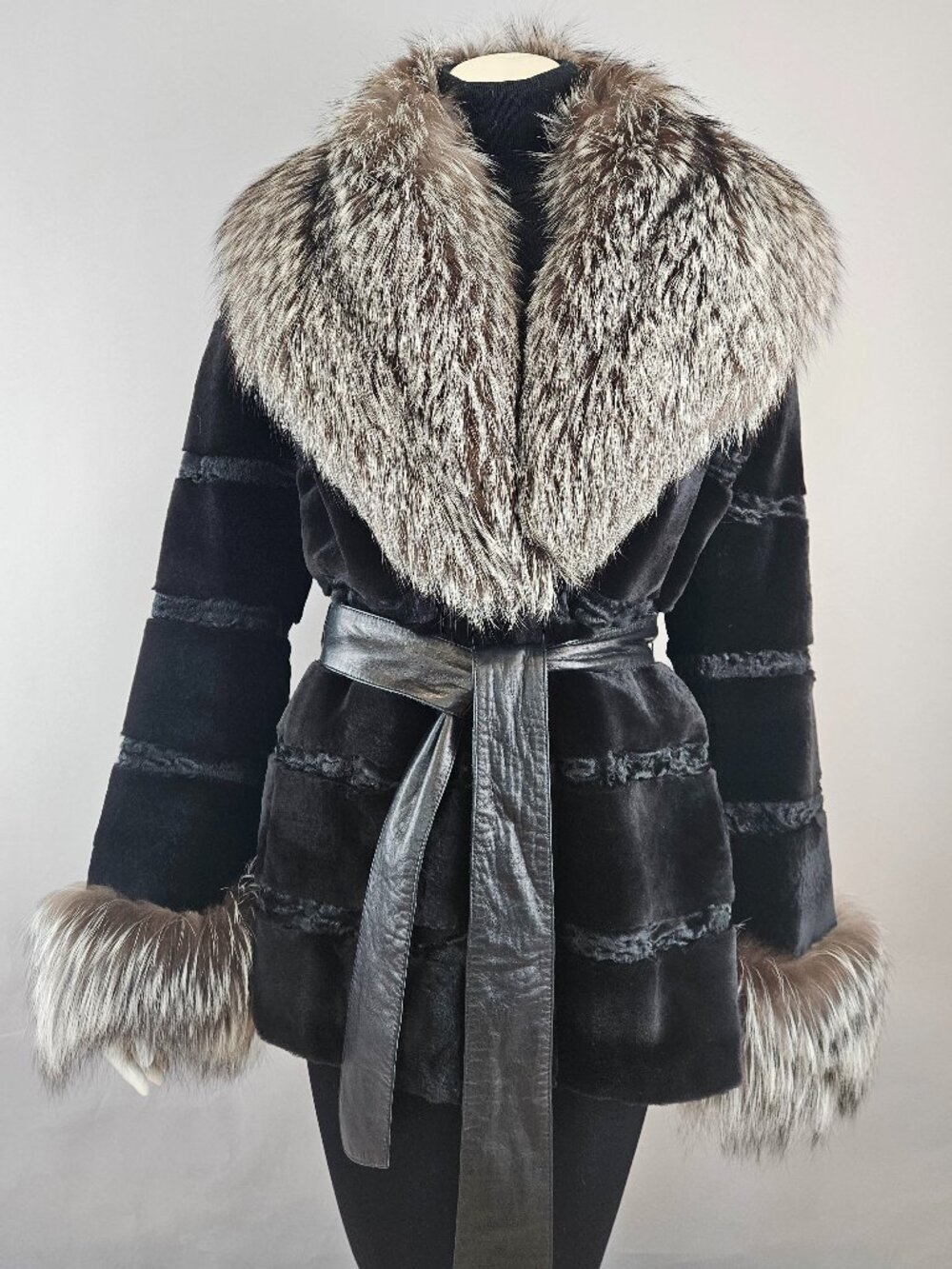 Genuine Sheared Mink, Swakara and Silver Fox Jacket with Leather Belt